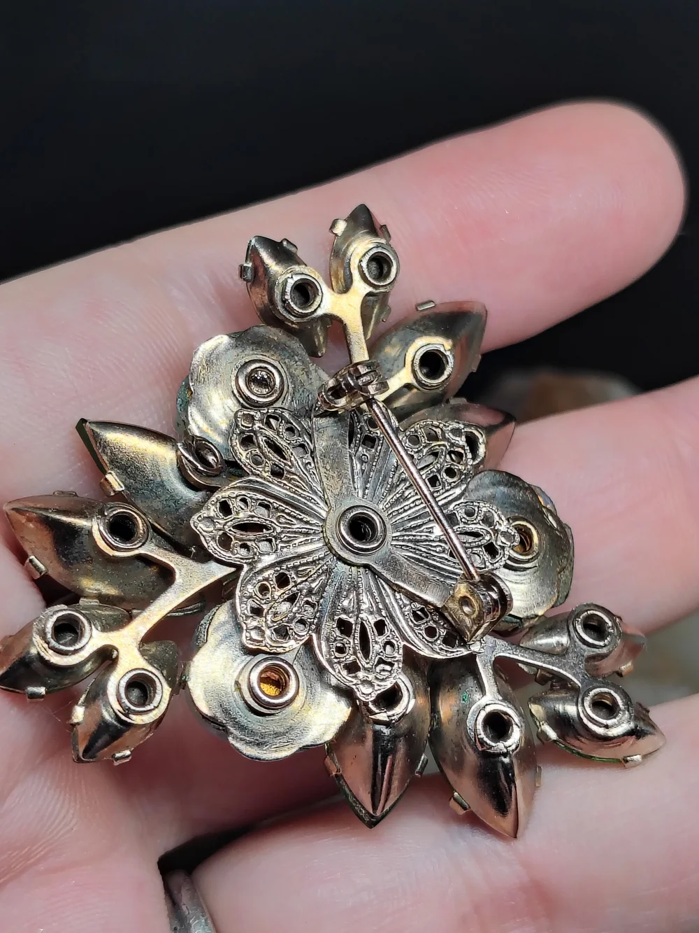 Vintage Floral Green and Opalescent Gold Tone Brooch